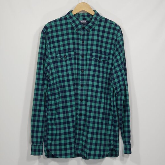 Lands' End  Blue Green Check  Flannel Button Down Shirt  Men's XL/T     17/17.5 - Picture 1 of 5
